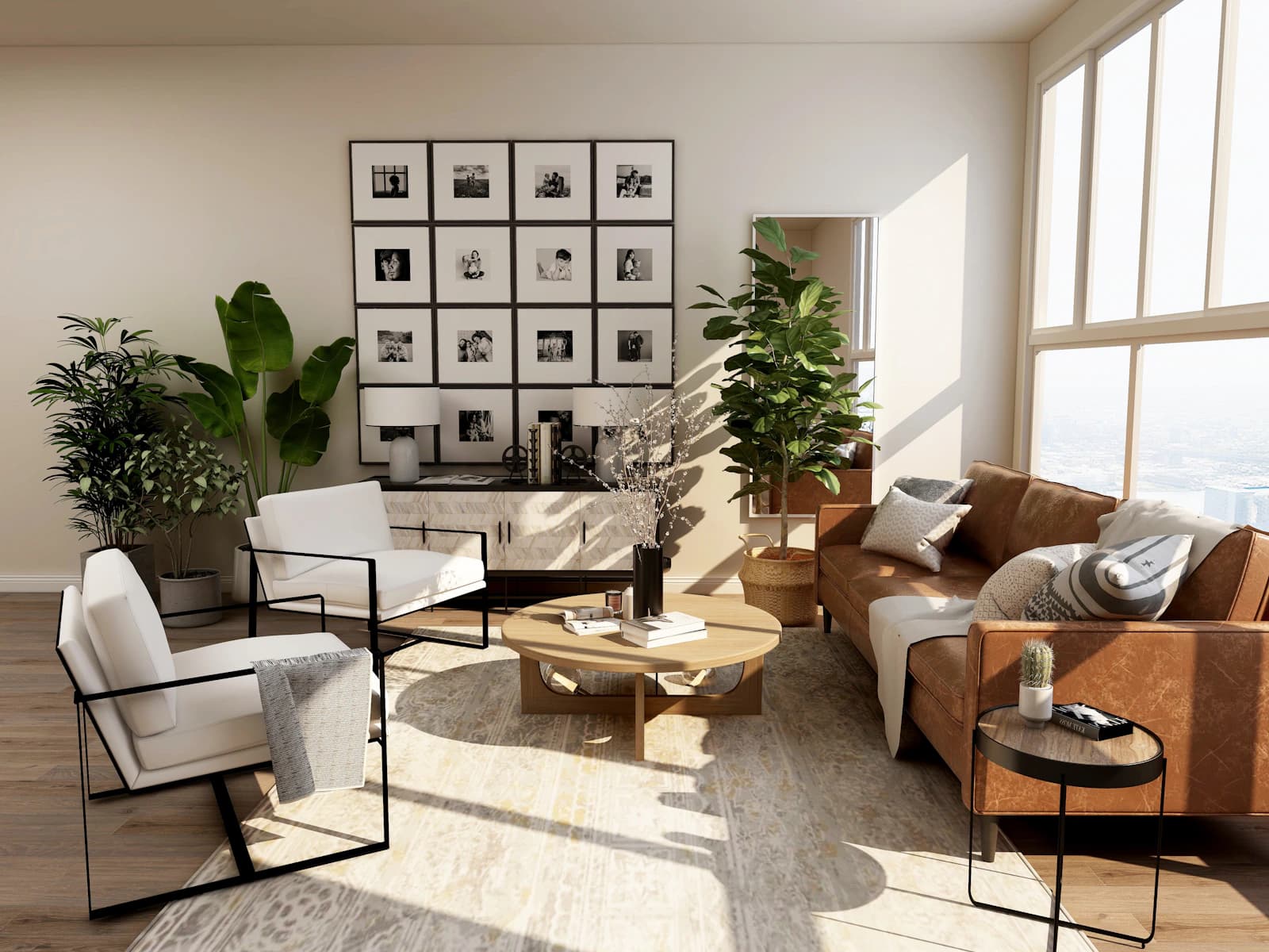 Living luminoso con sillones, plantas y luz natural